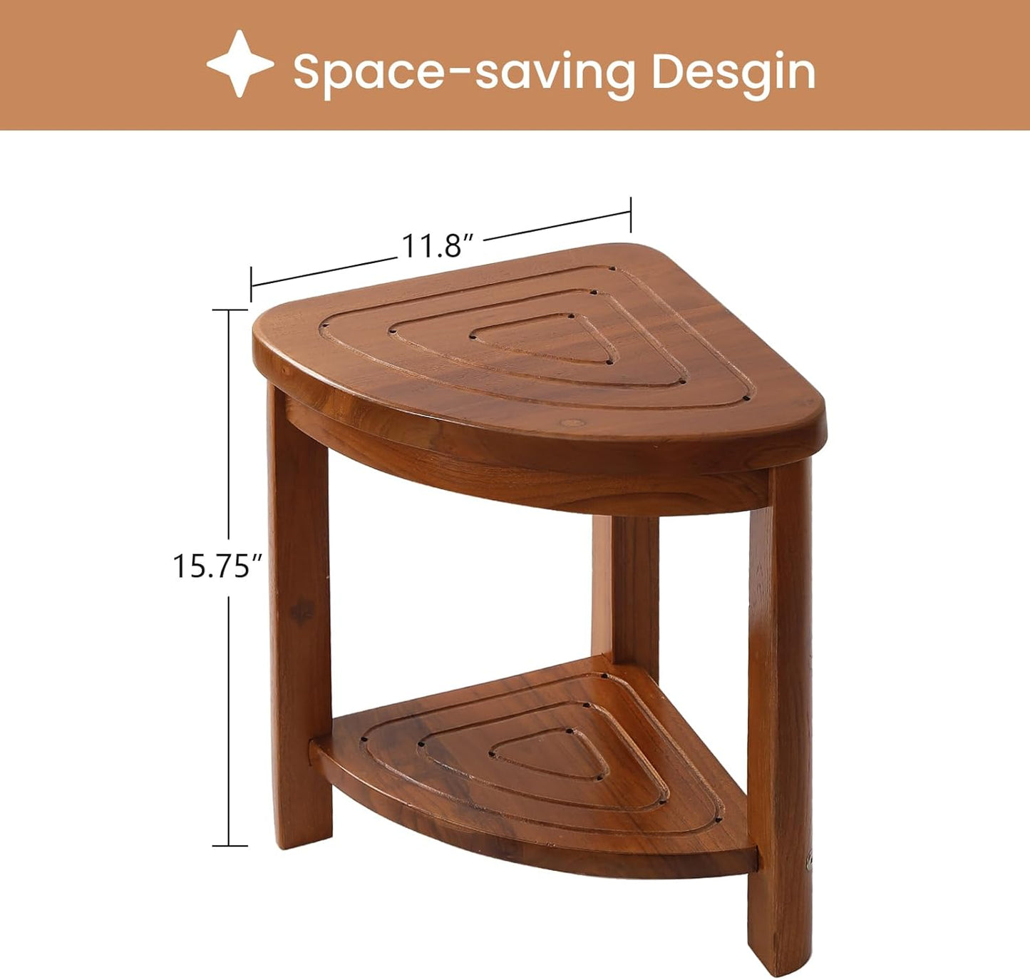 Solid Teak Shower Stool with Shelf for Shaving Legs, Small Corner Bench for Foot Rest, Heavy Duty Wood Bathseat Near Bathtub, Easy Assembly
