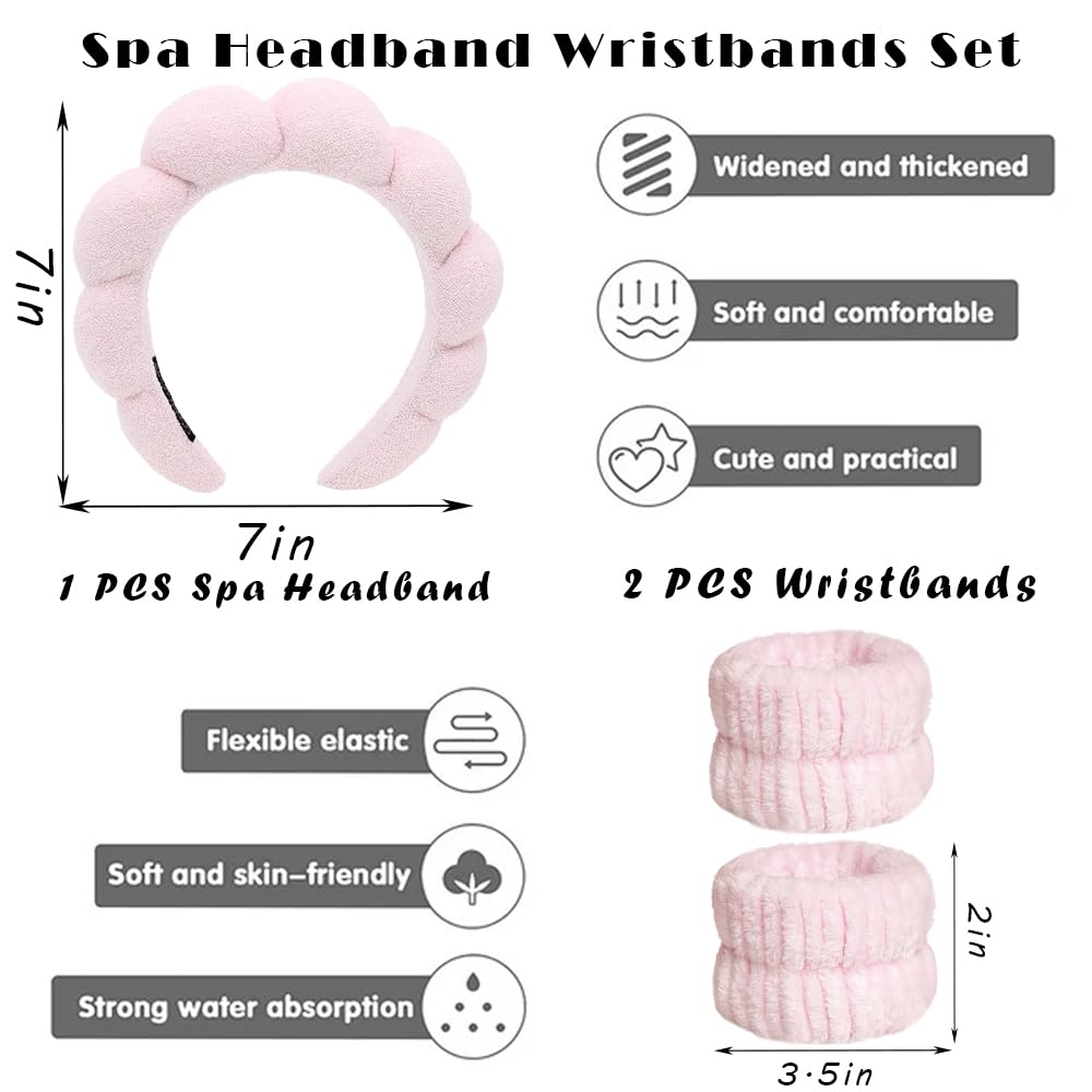 Spa Headbands for Washing Face Wristband Set Sponge Makeup Skincare Headband Wrist Towels Bubble Soft Terry Towel Cloth Hairband for Women Puffy Headwear Non Slip Thick Thin Hair Headwear (Light pink)