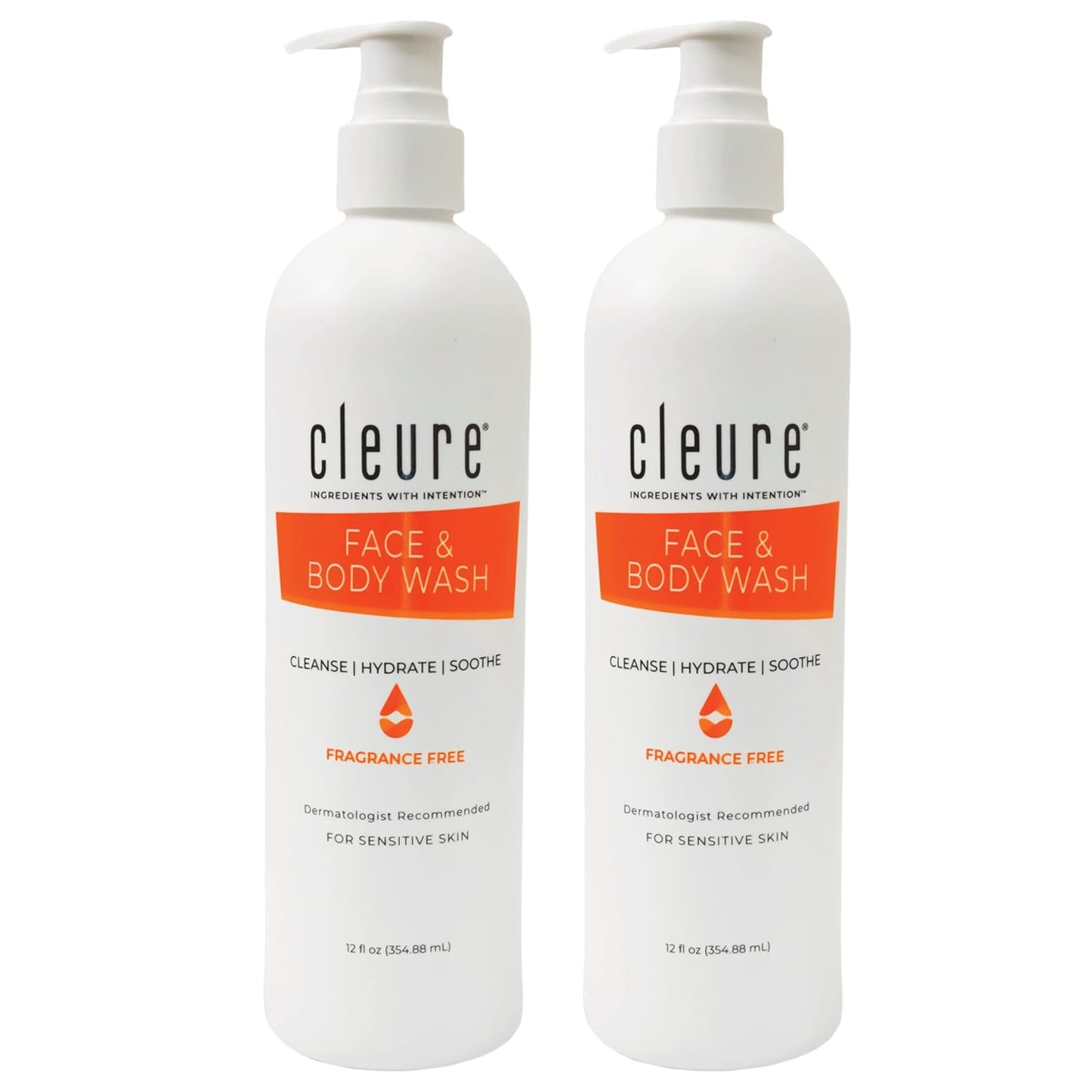 Cleure Face and Body Cleanser - Hypoallergenic, Fragrance-Free Body Wash for Sensitive Skin & Eczema - Paraben & Sulfate Free, PH Balanced Body Soap (12 oz, Pack of 2)