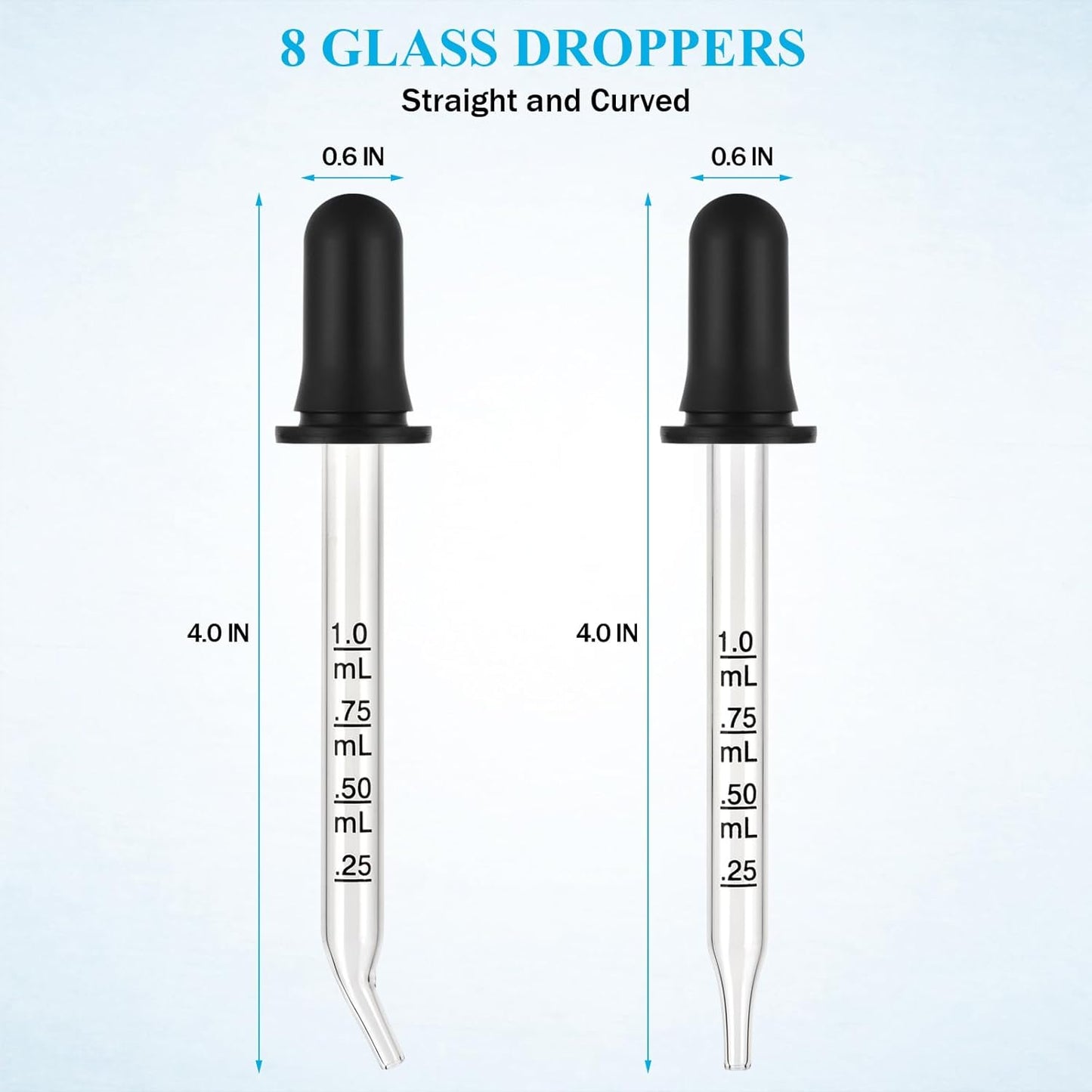 Herain 8 Pack Glass Pipette Dropper, Ear and Eye Dropper Bent & Straight Tips, 1 ml Droppers for Essential Oils, Lab, Crafts, Measuring and Transferring a Variety of Liquids