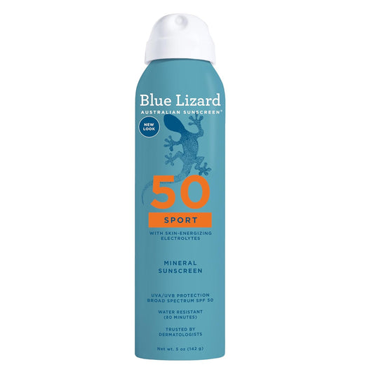 BLUE LIZARD Sport Mineral Sunscreen Spray SPF 50+, Dermatologist-Recommended Brand, Broad-Spectrum UVA/UVB Protection, Water-Resistant, Zinc Oxide Formula, Vegan, 5 fl oz