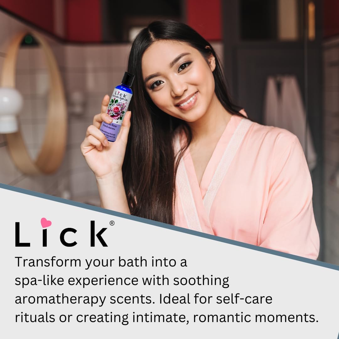 Lick Moonlit Rose Aromatic Bath Oil - Rose and Jasmine. Natural Sweet Almond, Vitamin E & Jojoba Oils a Luxurious Experience for Women. Moisturizes Dry Skin, 12 Enchanting Aromas, Made in USA 4 fl oz