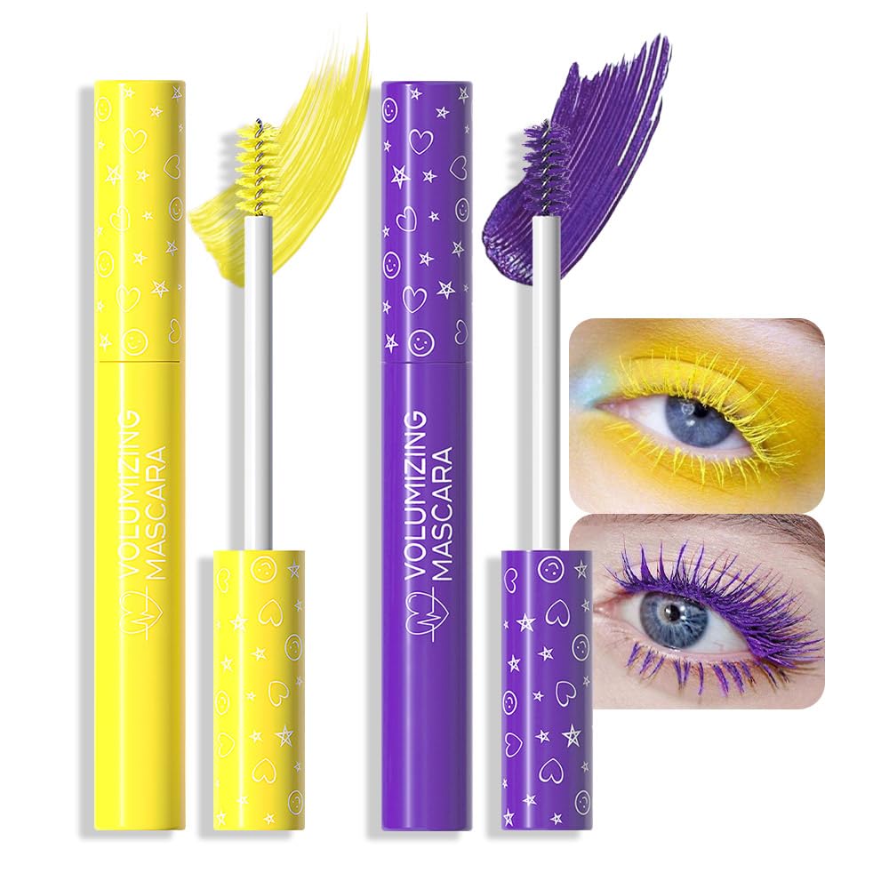 Colored Mascara for Eyelashes Set,Colorful Waterproof Mascara for eyelashes Long lasting Charming Voluminous for Women Halloween Eye Makeup (2Pcs 07#Yellow&08#Purple, F)