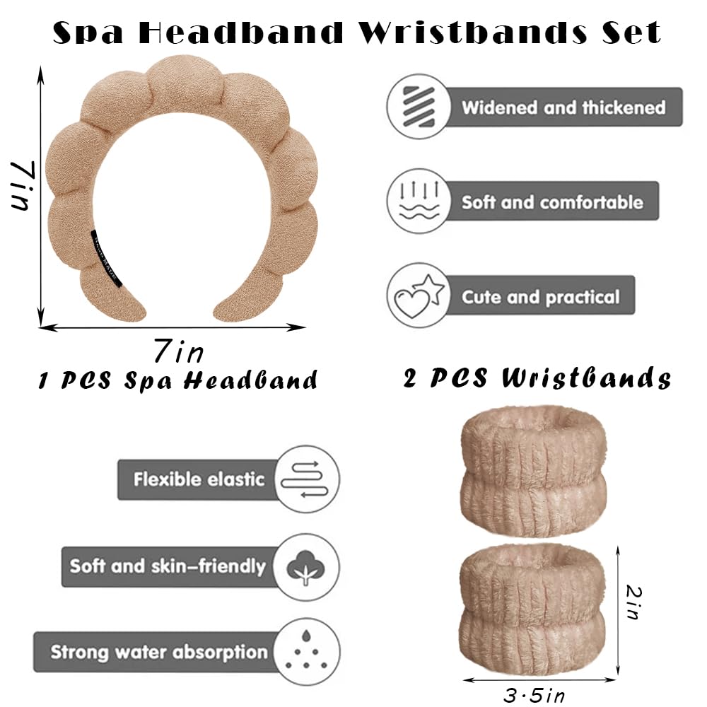 Spa Headbands for Washing Face Wristband Set Sponge Makeup Skincare Headband Wrist Towels Bubble Soft Terry Towel Cloth Hairband for Women Puffy Headwear Non Slip Thick Thin Hair Headwear (Coffee)