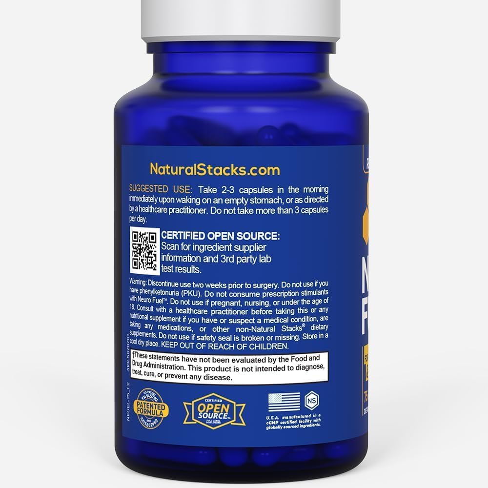 NATURAL STACKS NeuroFuel Nootropic Brain Support Supplement - 750mg L-Carnitine & 500mg L-Phenylalanine - Brain Supplement for Memory and Focus* - 75 Focus Pills
