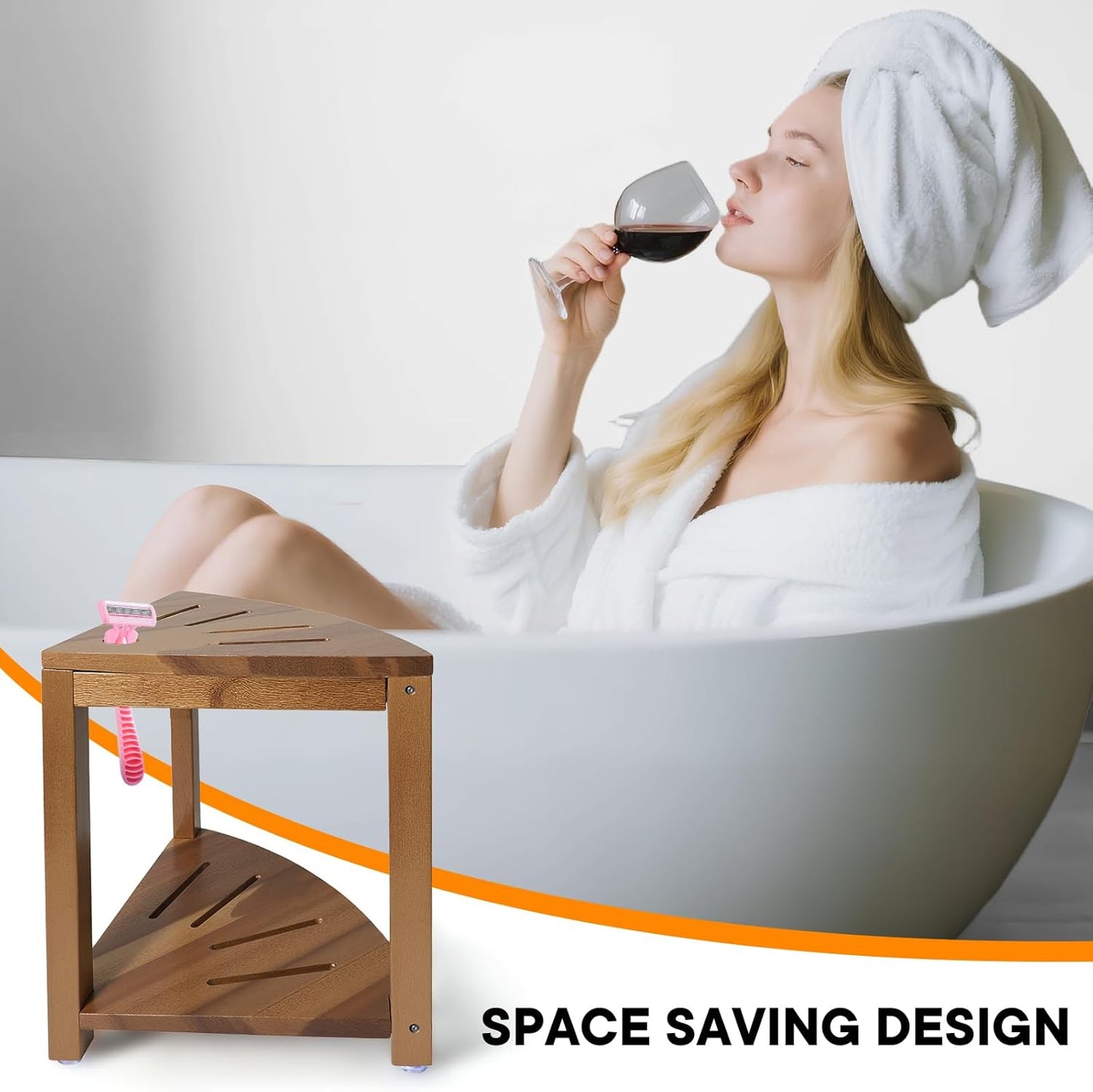 Corner Shower Stool 14.5 in,Shower Foot Rest with Storage Shelf, Shower Shaving Stool for Shaving Legs, Shower Foot Stool for Inside Small Shower Spaces- Acacia Wood Small Shower Stool