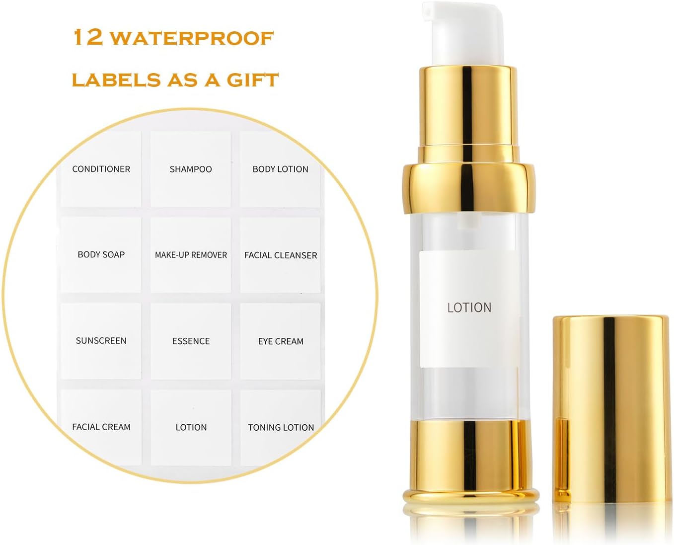 Gold 15ML 0.5 oz Airless pump bottle Toiletries Travel Size containers airport essentials Dispenser with Box Reusable mini lotion plastic travel bottles 4 Packs