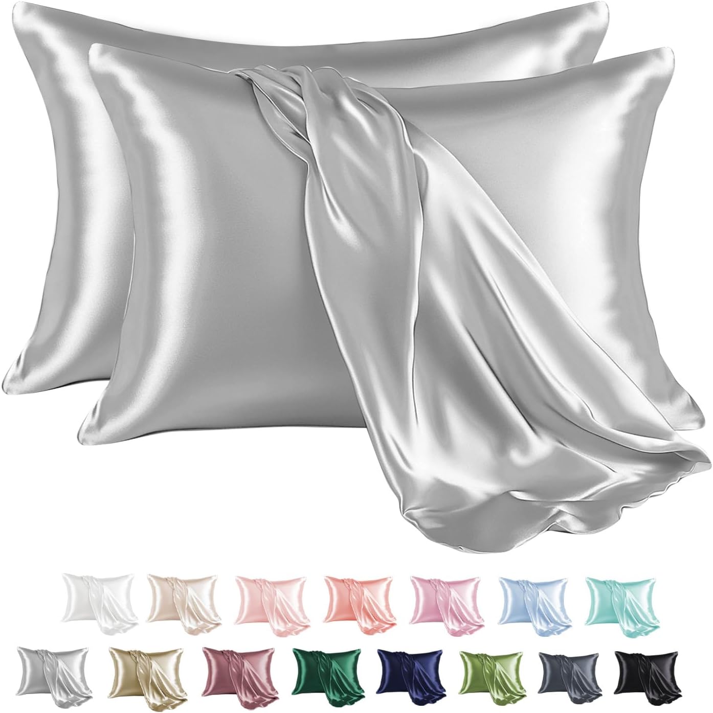 MR&HM Satin Pillowcase for Hair and Skin, Silk Satin Pillowcase 2 Pack, Standard Size Pillow Cases Set of 2, Silky Pillow Cover with Envelope Closure (20x26, Silver Grey)