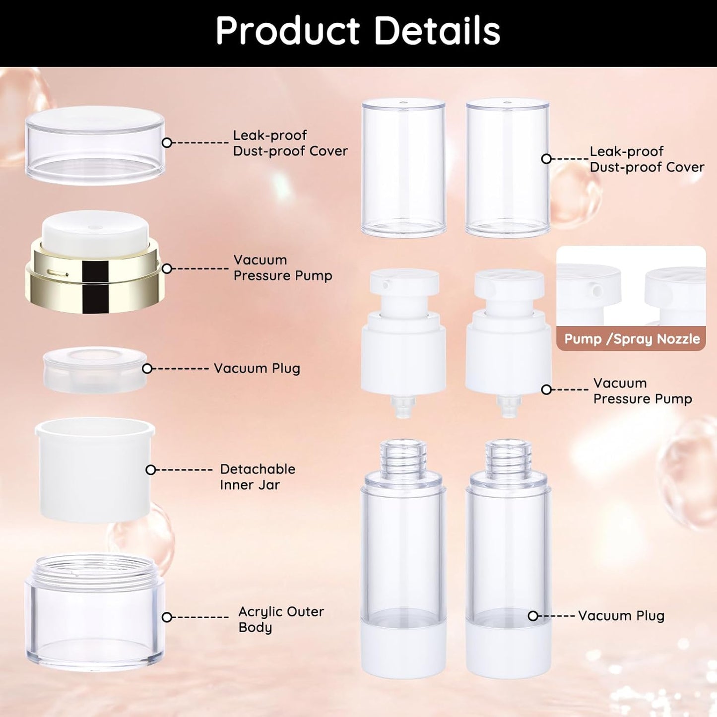 Segbeauty 7pcs Airless Pump Bottles Set, Refillable Travel Airless Pump Jars with Lid for Thick Moisturizer, Oils Vacuum Lotion Dispenser, Empty Fine Mist Vacuum Spray Bottles for Hair 0.5oz 1oz 1.7oz