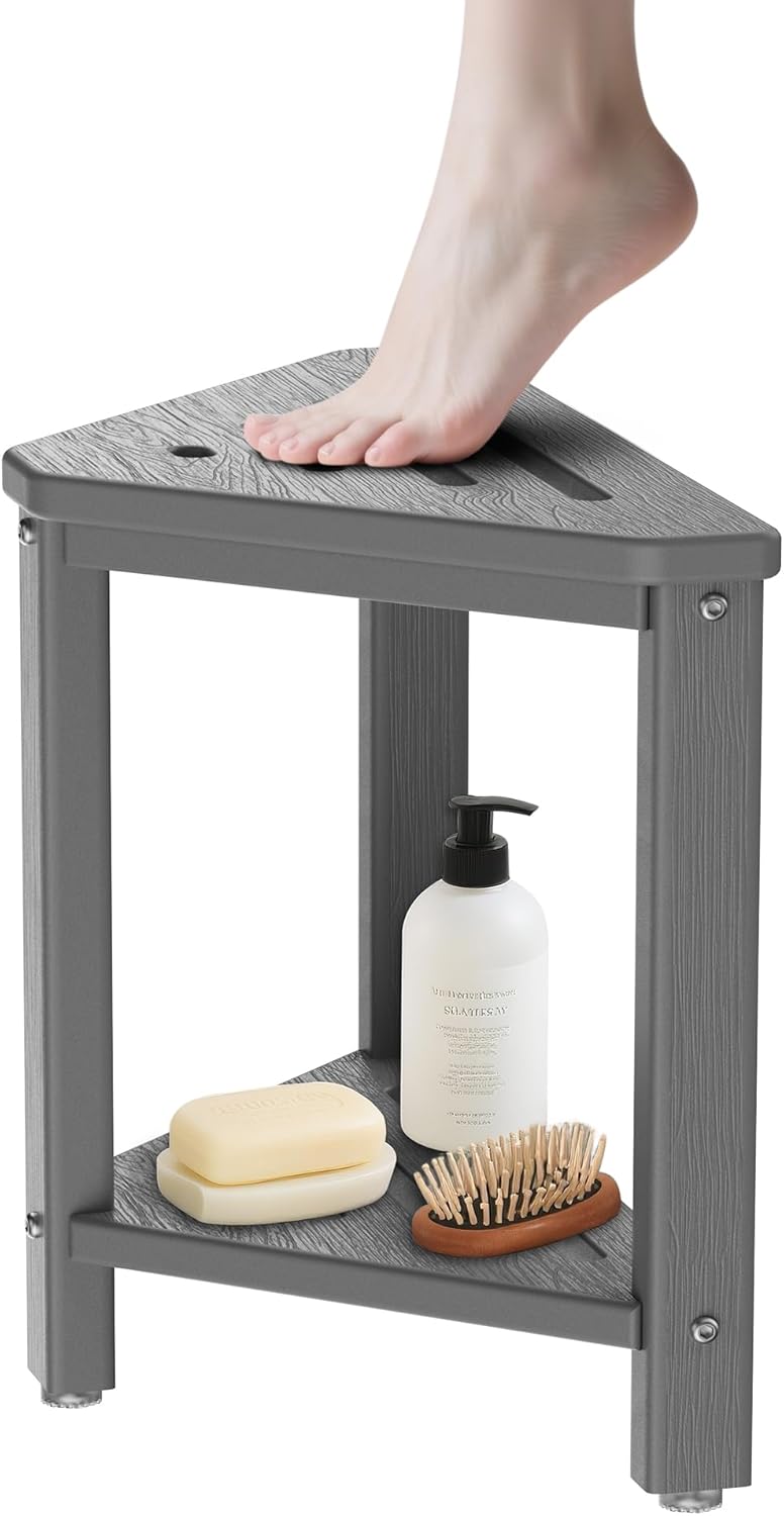 Shower Foot Rest 15in, HDPE Waterproof Shower Stool for Inside Shower, Corner Shower Stool for Shaving Legs with Storage Shelf for Small Space, Shower Step Stool, Plastic Corner Shower Bench, Grey