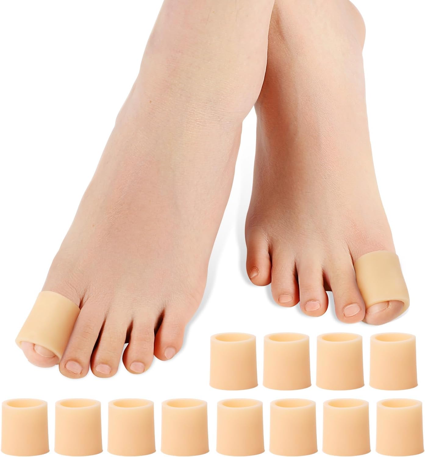 Povihome Toe Sleeves, Toe Protectors, 12 Pack Toe Tube Pads for Hammer Toe,Stubbed Toe,Corns, Calluses Protect (Large Size, Beige)