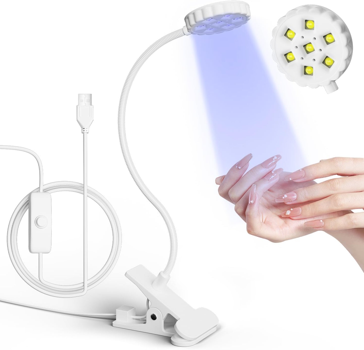 LIORA UV LED Nail Lamp 6W with Clamp – 7 Beads Gel Lamp Flash Cure Light, Flexible 360° Gooseneck USB Manicure lamp, Nail Dryer for Gel Polish and Press On Nails, Mini Nail UV Light for Salon DIY