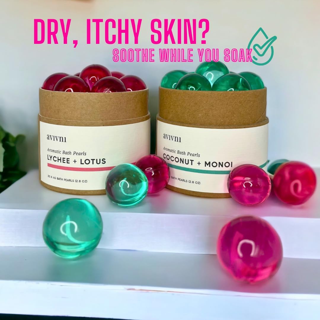 Avivni Bath Oil Beads- Lychee Lotus & Coconut Monoi Bath Pearls (2 Pack Variety- 15 Pearls Each), Mothers Day Gift Idea