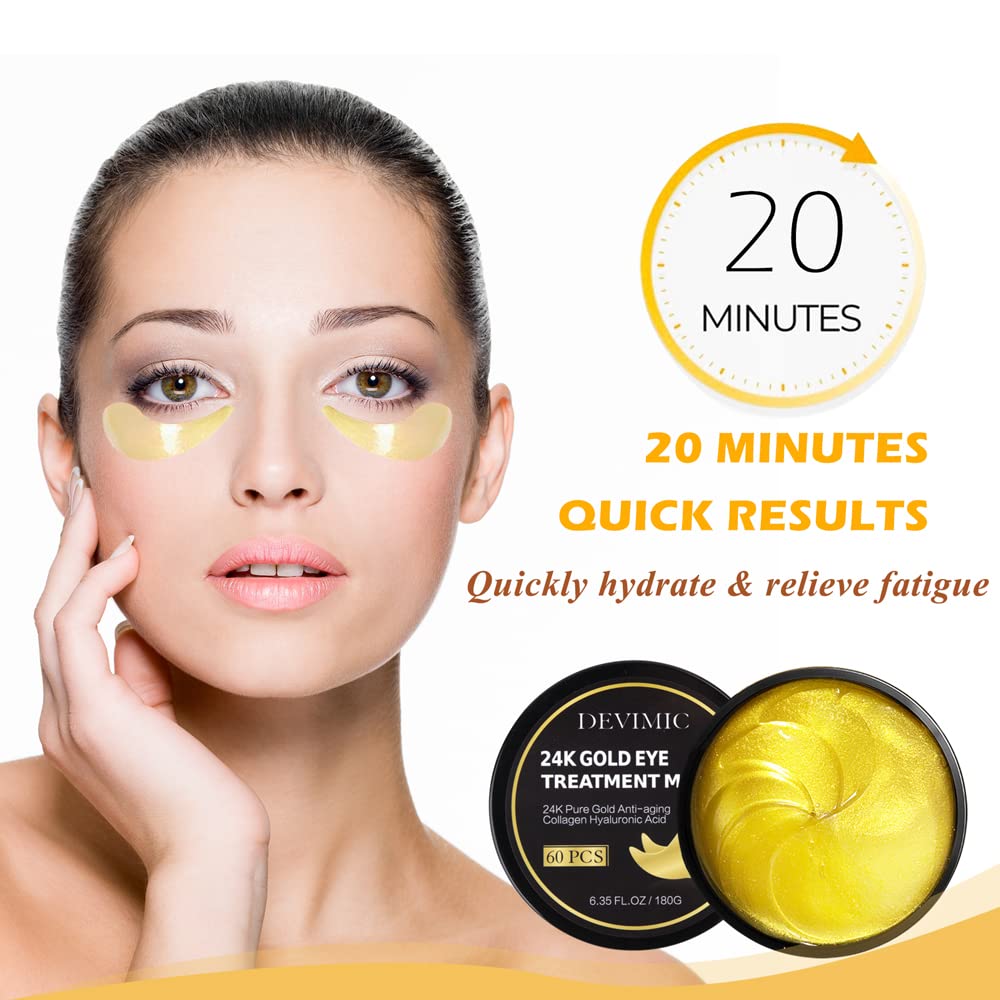 24K Gold Eye Mask, 30 Pairs Under Eye Masks for Dark Circles and Puffiness Treatment, Under Eye Patches for Puffy Eyes and Eye Bags, Gel Eye Mask Eye Pads for Face Skin Care