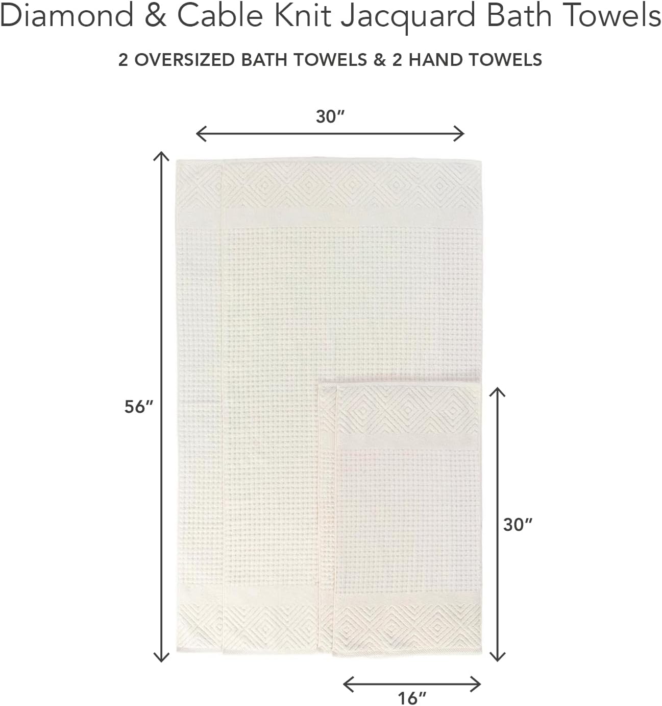 Texere 100% Organic Cotton Diamond Jacquard 700 GSM Luxury Bath Towel Sets - Ultra Soft and Absorbent Hotel and Spa Quality (Diamond, Cream, 2 Bath & 2 Hand Towels)