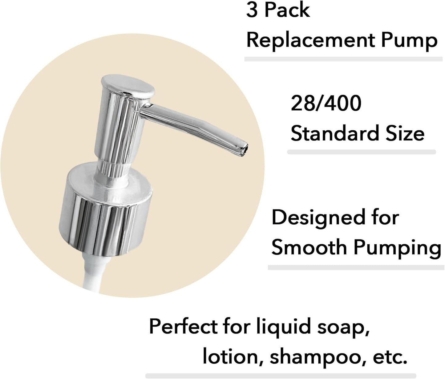 Pump Head Replacement for Soap Dispenser, 3 Pack, 28/400 Threads Standard Size, for Bathroom and Kitchen (Clear Silver)