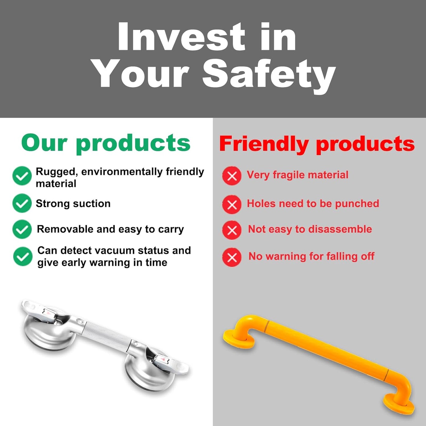 15-Inch Shower Handle - Upgraded Grab Bar with Strong Suction Cups for Bathtub & Shower Safety, Ideal for Seniors, Elderly, Disabled -Silver