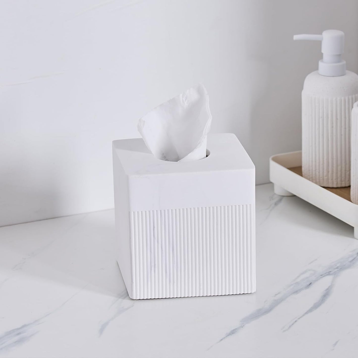 White Tissue Box Cover Square Resin Tissue Holder for Home Decor, Hand Poured Marble Ribbed Cube Tissue Box Holder – 5.5 Inch Heavy Duty Luxury Tissue Box Case for Bathroom, Living Room, Office