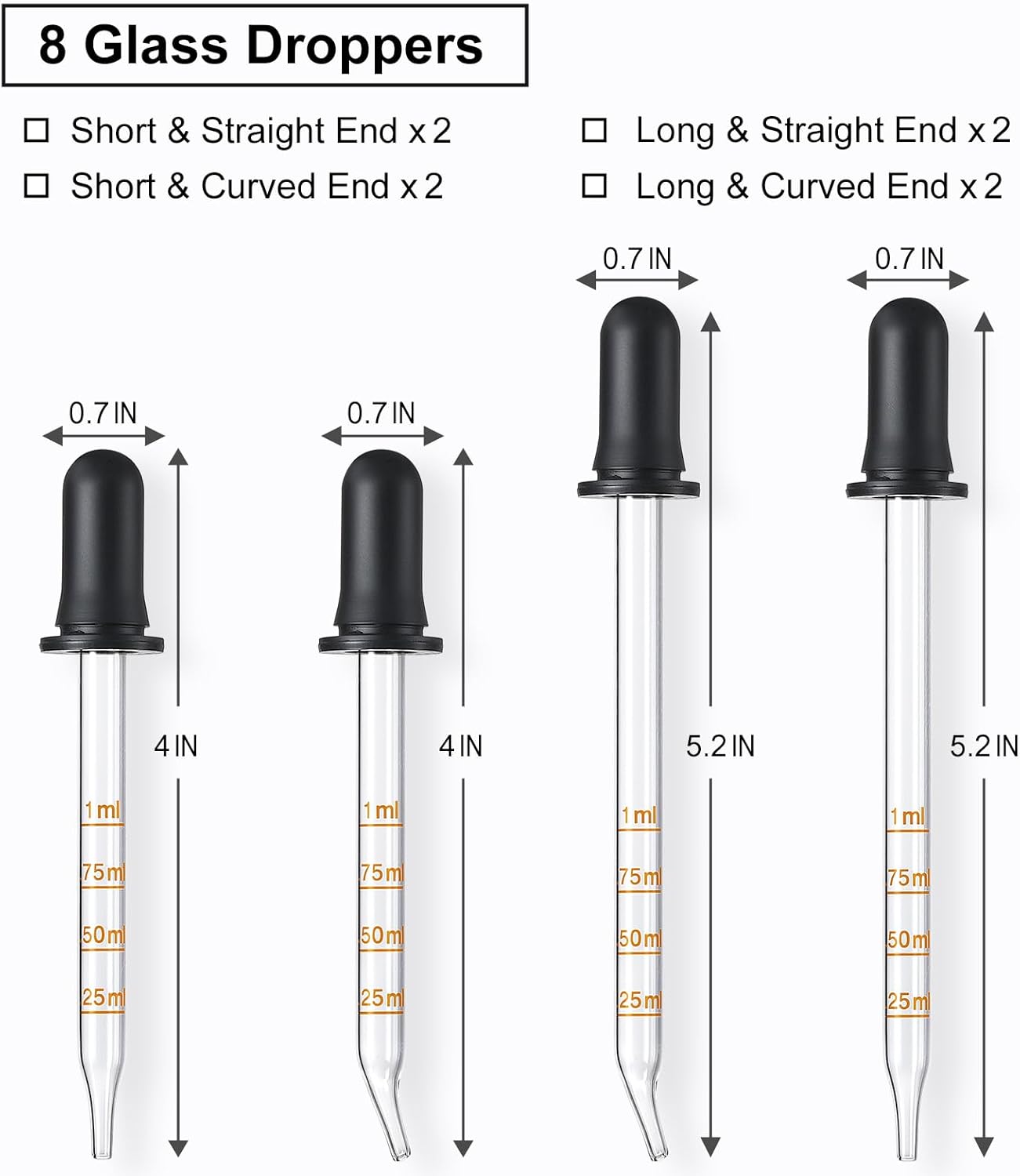8 Pack, 1 mL Glass Eye Dropper with Measurement - Long & Short, Bent & Straight Tip Calibrated Glass Medicine Droppers, Accurate Dose Pipette Dropper for Essential Oils, Feeding, Ear, Lab, Health Care