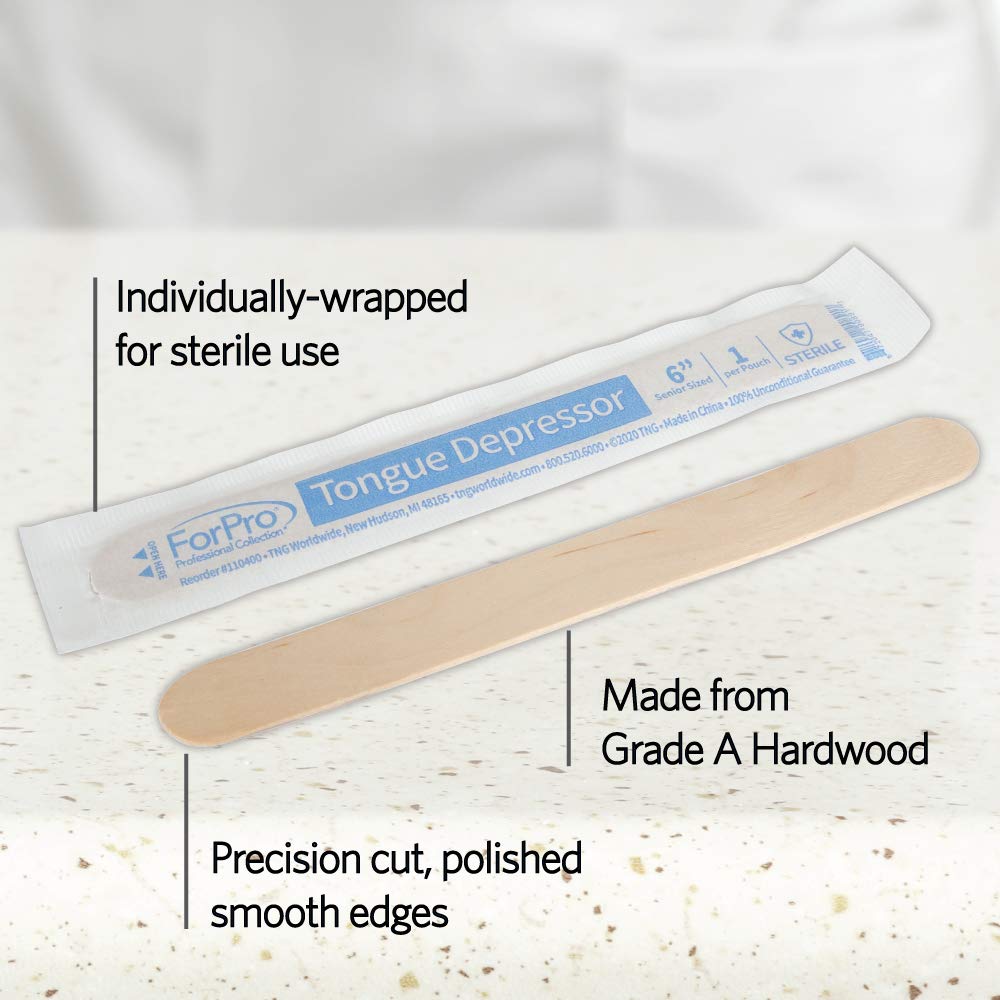 ForPro Professional Collection Senior Tongue Depressors, Large Wax Applicator Sticks, 6" Senior Sized, Sterile, Individually-Wrapped, 100-Count" (Pack of 2)