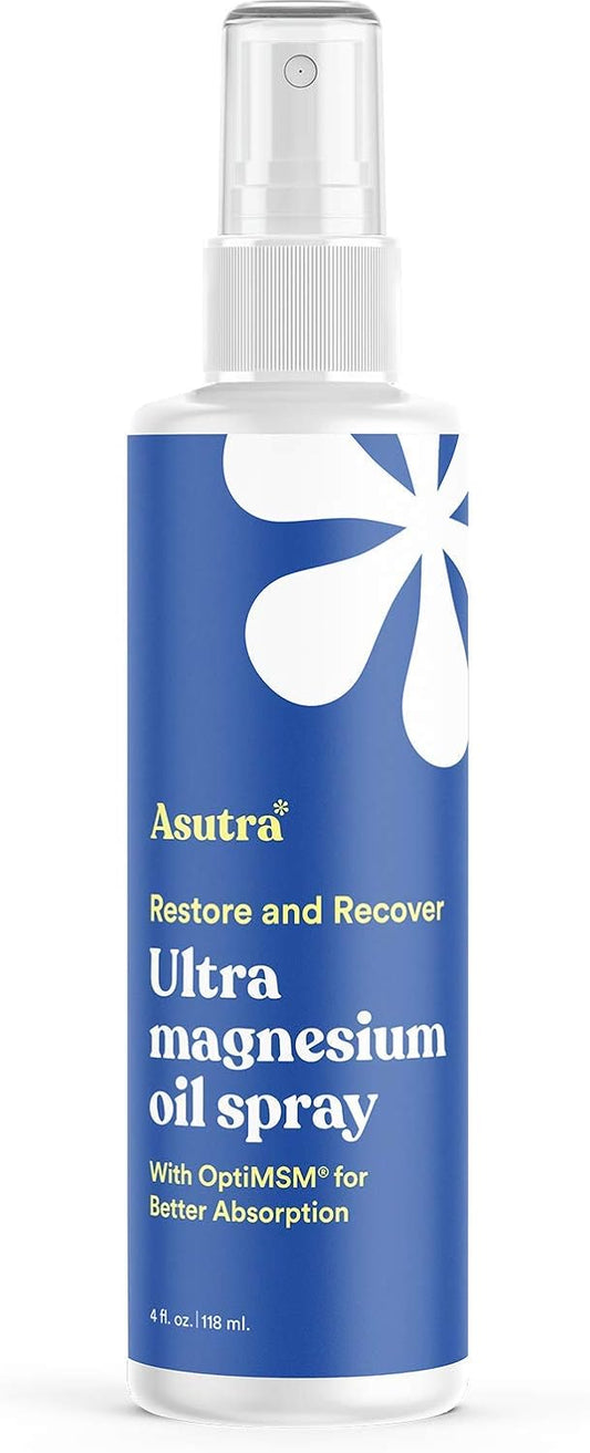 ASUTRA Ultra Magnesium Oil Spray with OptiMSM, 4 fl oz - Topical Magnesium, Rapid Absorption, Pure, Odorless and Non-Greasy, Derived from Zechstein Seabed