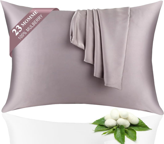 100% Silk Pillowcase 2 Pack for Hair and Skin, Both Sides 23 Momme Grade 6A+ Mulberry Silk Pillowcases with Hidden Zipper, Soft&Smooth Cooling Pillow Cases (Gray, Queen 20×30)