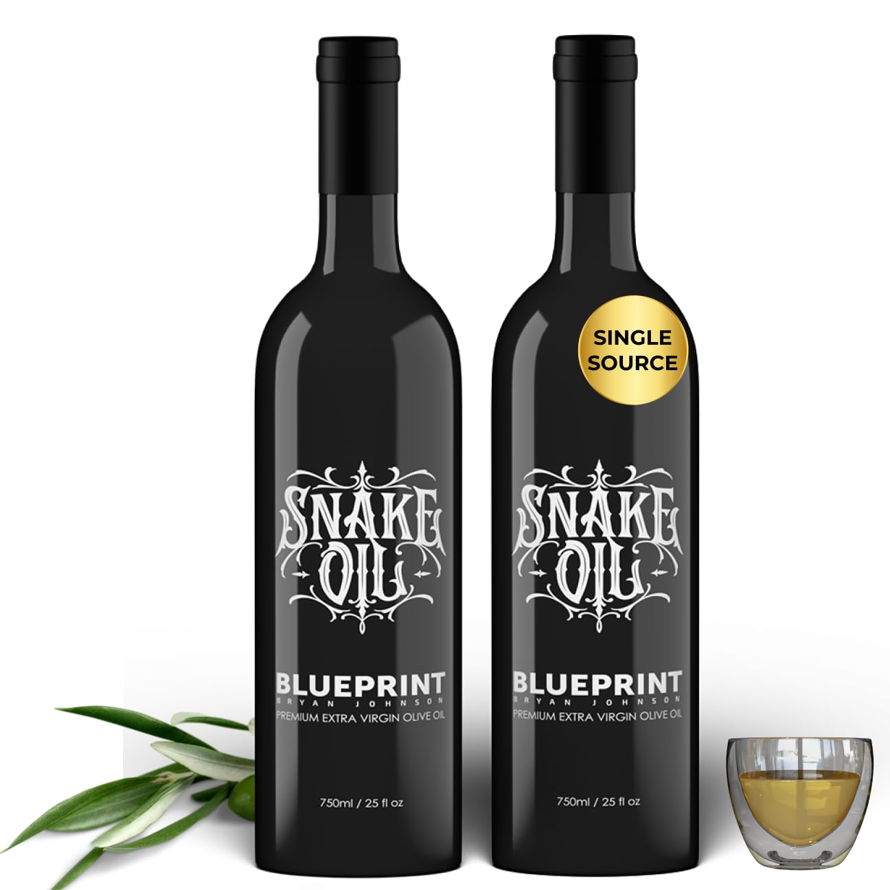 Blueprint by Bryan Johnson Olive Oil – Snake Oil- High Polyphenol Extra Virgin Olive Oil (400+ mg/kg) – Cold Pressed, Early Harvest, First Cold Press EVOO – Keto, Paleo, Non-GMO – 2 Pack - 750ml Glass Bottle
