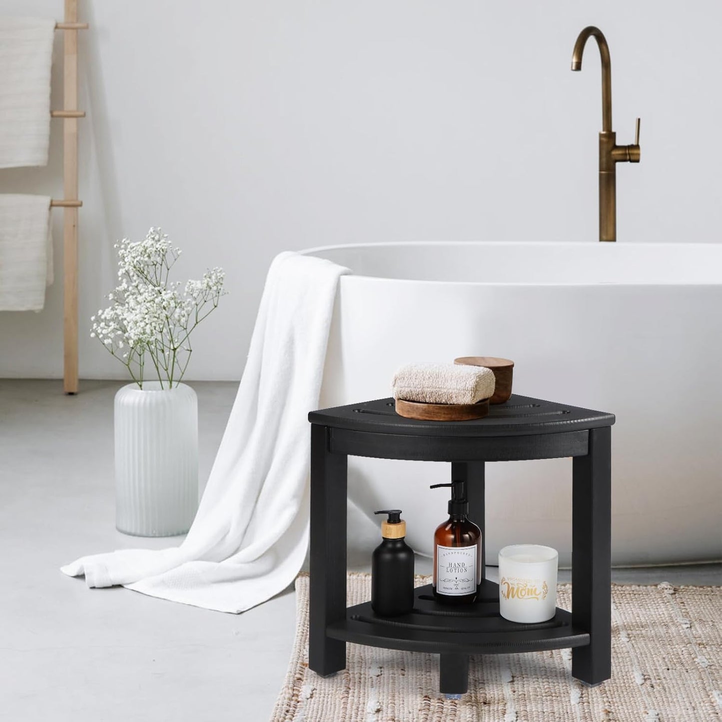 HDPE Corner Shower Stool,Shower Bench Seat with Storage Shelf for Shaving Legs Plastic Spa Bath Step Foot Rest for Bathroom Small Place (Black)