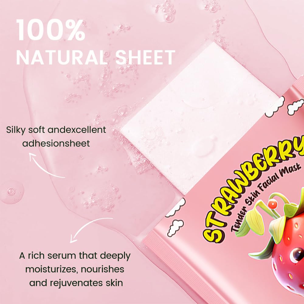 8 Pack Strawberry Kids Face Mask,Pink Face Masks Skincare Spa Day Kit Supplies,Spa Party Favors for Teens Girls Women,Sheet Facial Mask Skincare Gifts Set,Moisturize Soothe for All Skin Types