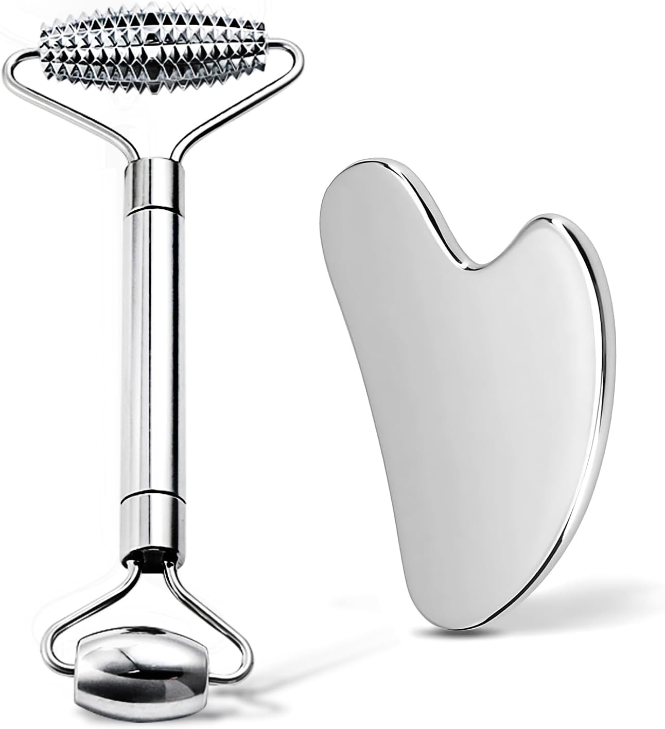 Gua Sha Facial Tools and Face Roller Set, Stainless Steel Facial Sculpting Eyes Roller Guasha for Face, Chin & Jawline Sculpting,Skin Care (Stainless Steel)