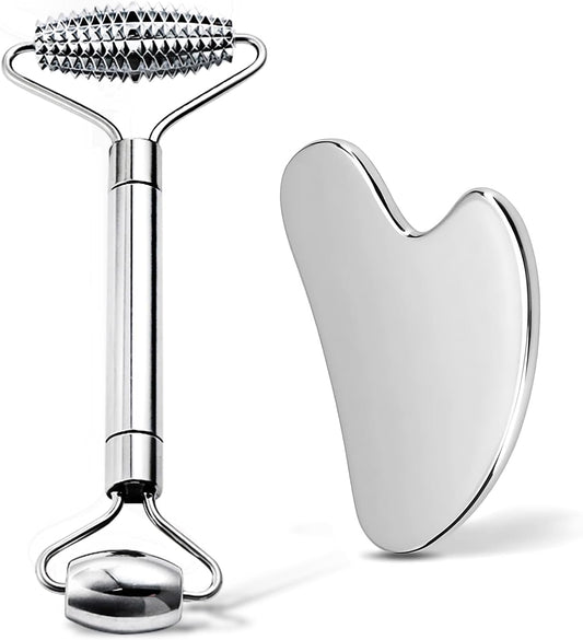 Gua Sha & Face Roller, Stainless Steel Gua Sha Facial Tools for Face, Eyes,Chin & Jawline Sculpting,Body Gua Sha Tools with Pouch