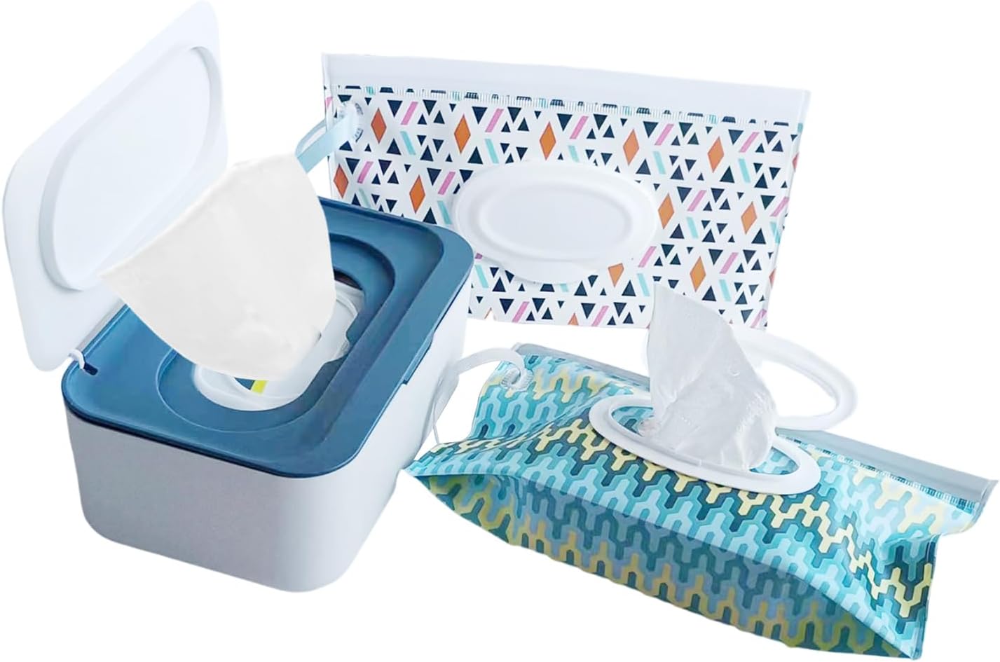 Wipes Dispenser with 2Pcs Portable Refillable Wipe Holder,Reusable Large Wipe Holder Box Flushable Wipes Case Bathroom Wipes Container for Pet Nursery Kitchen Office Counter(White-Blue)
