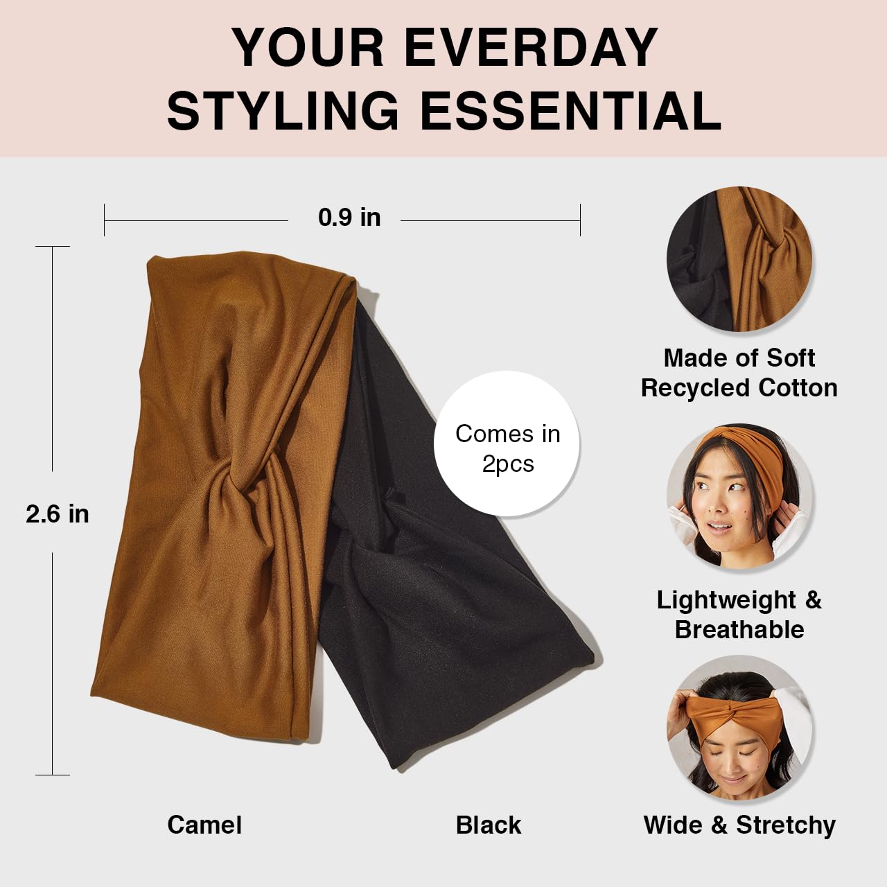 Kitsch Wide Headbands for Women - Fashion Sports Headband for Workout, Yoga, Gym, Running, Exercise | Stretchy Head Bands | Ideal Gifts for Women - Black and Camel, 2pcs