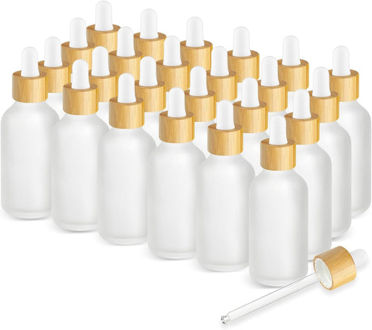 24 Pack 2 oz Frosted Glass Dropper Bottle,Empty Round Boston Travel Bottles With Eye Droppers,Natural Bamboo Dropper Cap for Essential Oils, Tinctures & Perfume,Facial Serums,Massage Oils