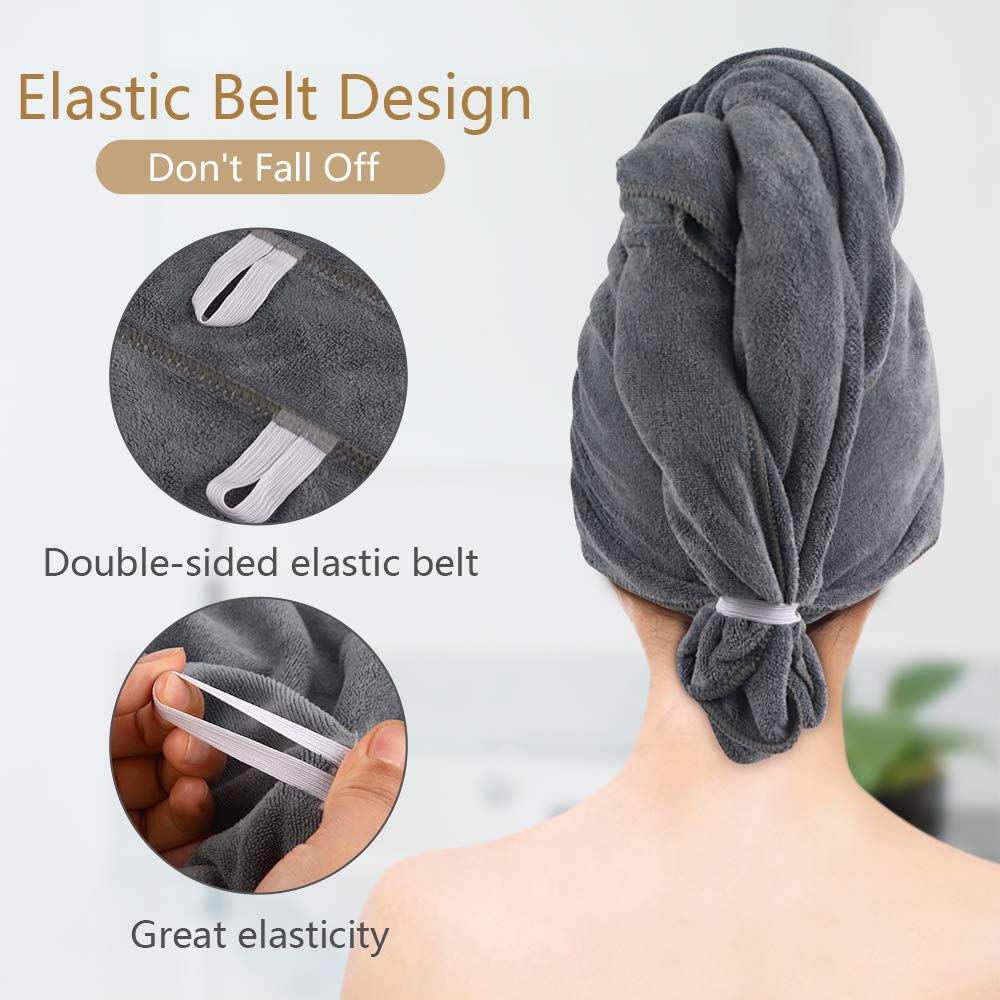 SUNLAND Microfiber Hair Towels Anti Frizz Hair Drying Towel Super Absorbent Fast Drying Turbans for Wet and Curly Soft Head Towel Wrap with Elastic Band 24 inch X 43 inch Grey