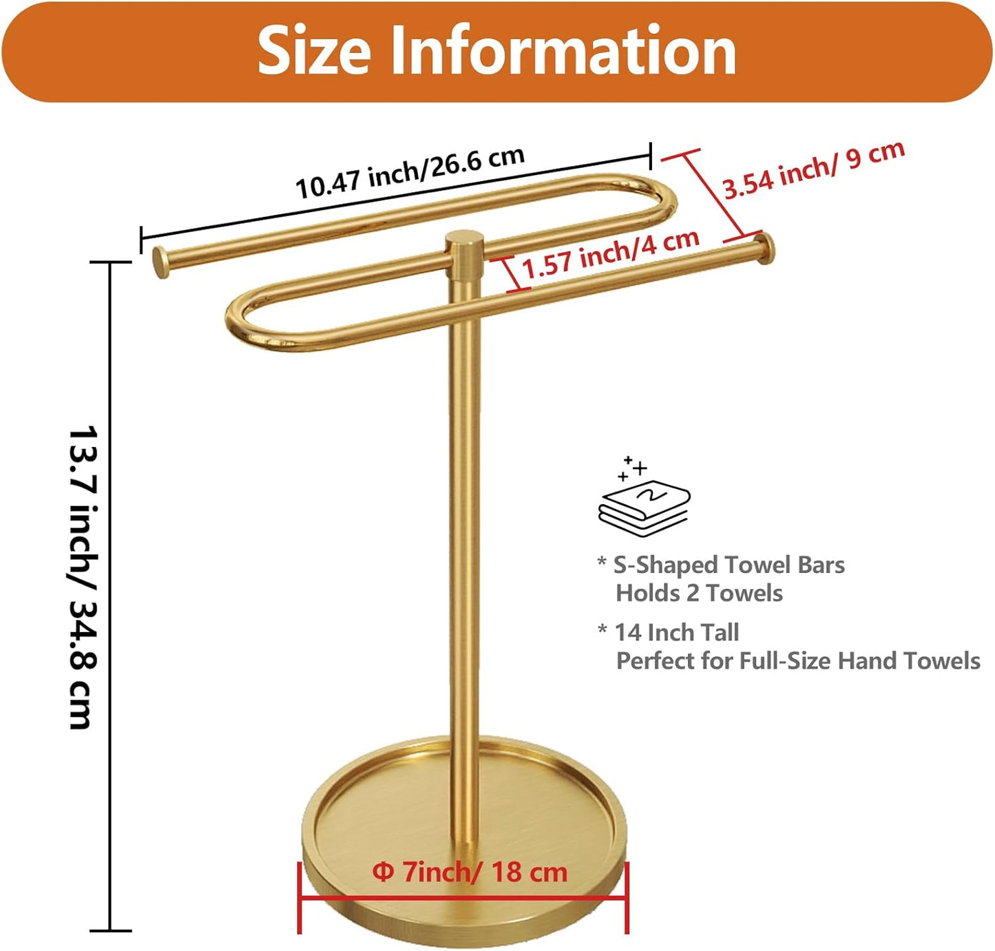 Bathroom Hand Towel Holder Stand Gold, S-Shape Countertop Towel Standing, Stainless Steel Towel Rack Bar Holds 2 Towels for Kitchen