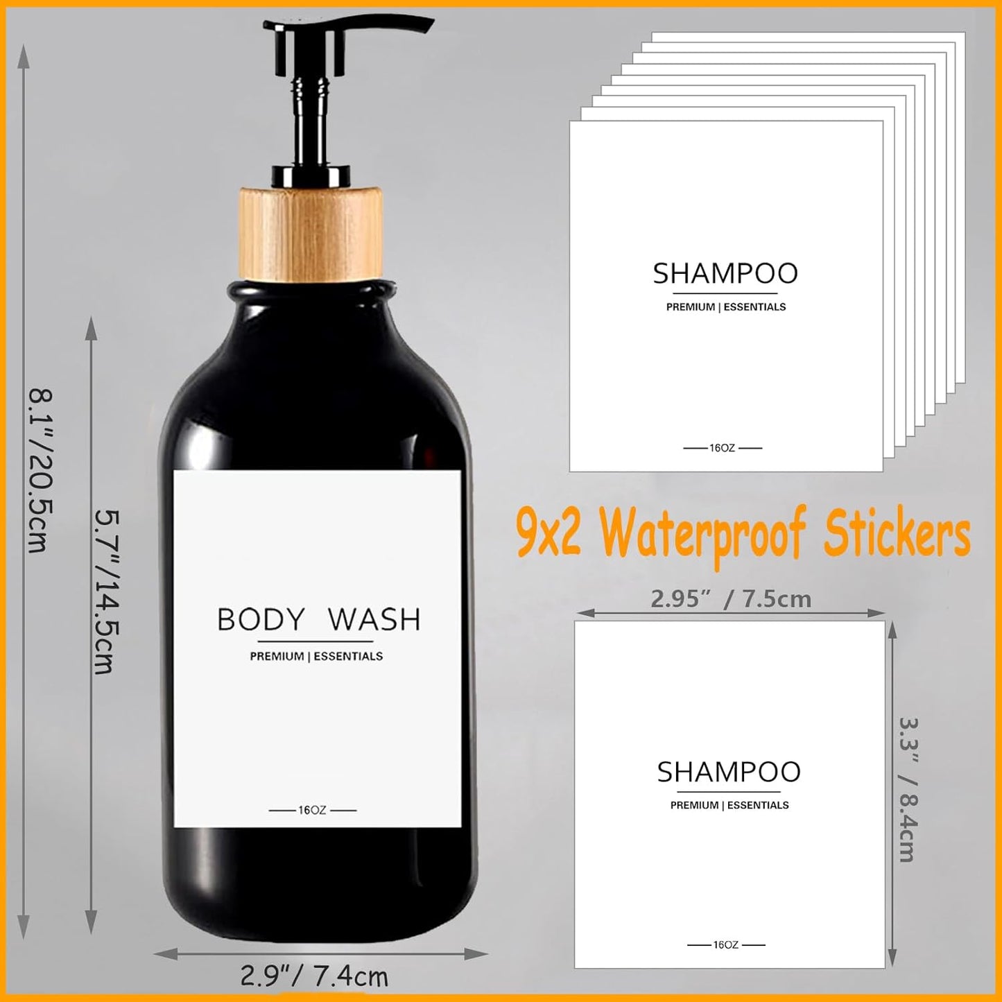 Shower Shampoo and Conditioner Bottles, Apothecary Dispenser Bamboo Pump, Refillable Bottles for Lotion Oil Hand Soap and Dish Soap, Plastic Set (3 Bottles 9 Labels) (6, Black)