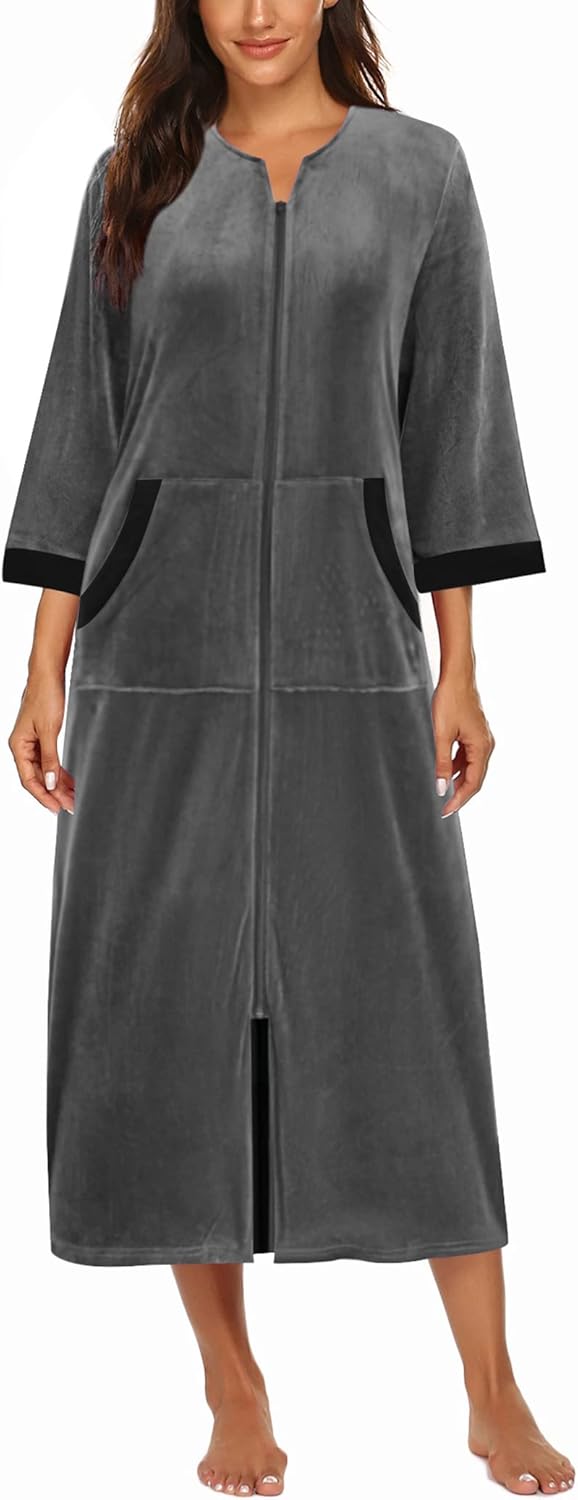 Ekouaer Women Zipper Robe 3/4 Sleeves Loungewear Dress Full Length Sleepwear Pockets Housecoat Nightgown Long Bathrobe