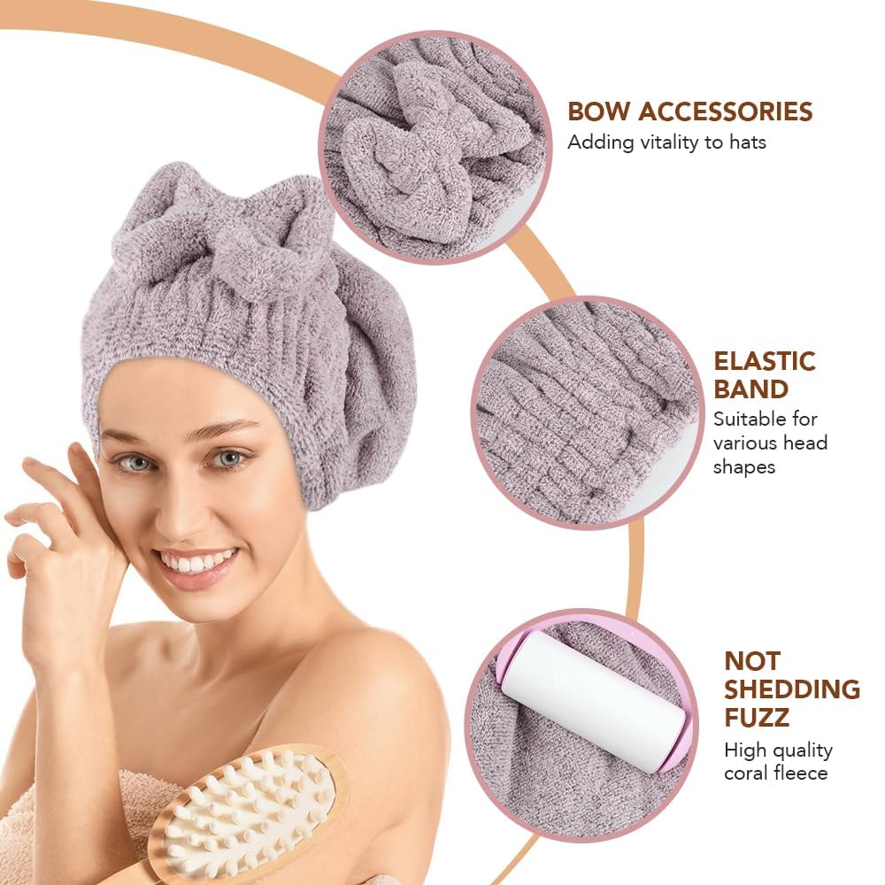 SUNLAND Large Microfiber Hair Drying Caps with Bow knot Fast Drying Shower Cap Soft and Absorbent hairWrap Hair Turban Bath Caps for Curly Thick and wet Hair 11 X 13.4 inch 2 Pack Purple