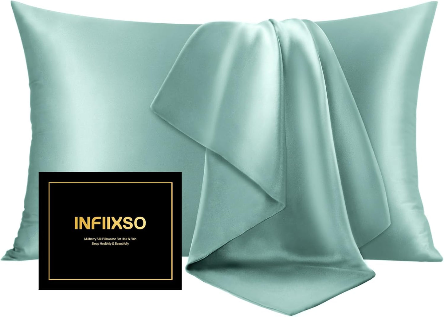 INFIIXSO Mulberry Silk Pillowcase for Hair and Skin, Silk Pillow Cases Queen Size Set of 2 with Hidden Zipper 20"x30", Ultra Smooth and Soft Cooling Pillow Cases for Hot Sleepers(ICY Morn, 2 Pack)