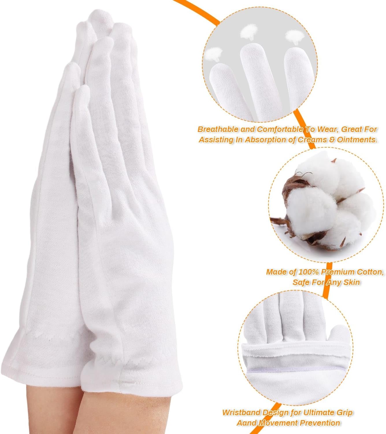 Selizo 6 Pairs 100% White Cotton Gloves for Eczema, Moisturizing Gloves for Dry Hands Overnight Women, Moisture Sleeping Spa Lotion Hand Cream Gloves for Eczema Dry Cracked Hands Sensitive Skin