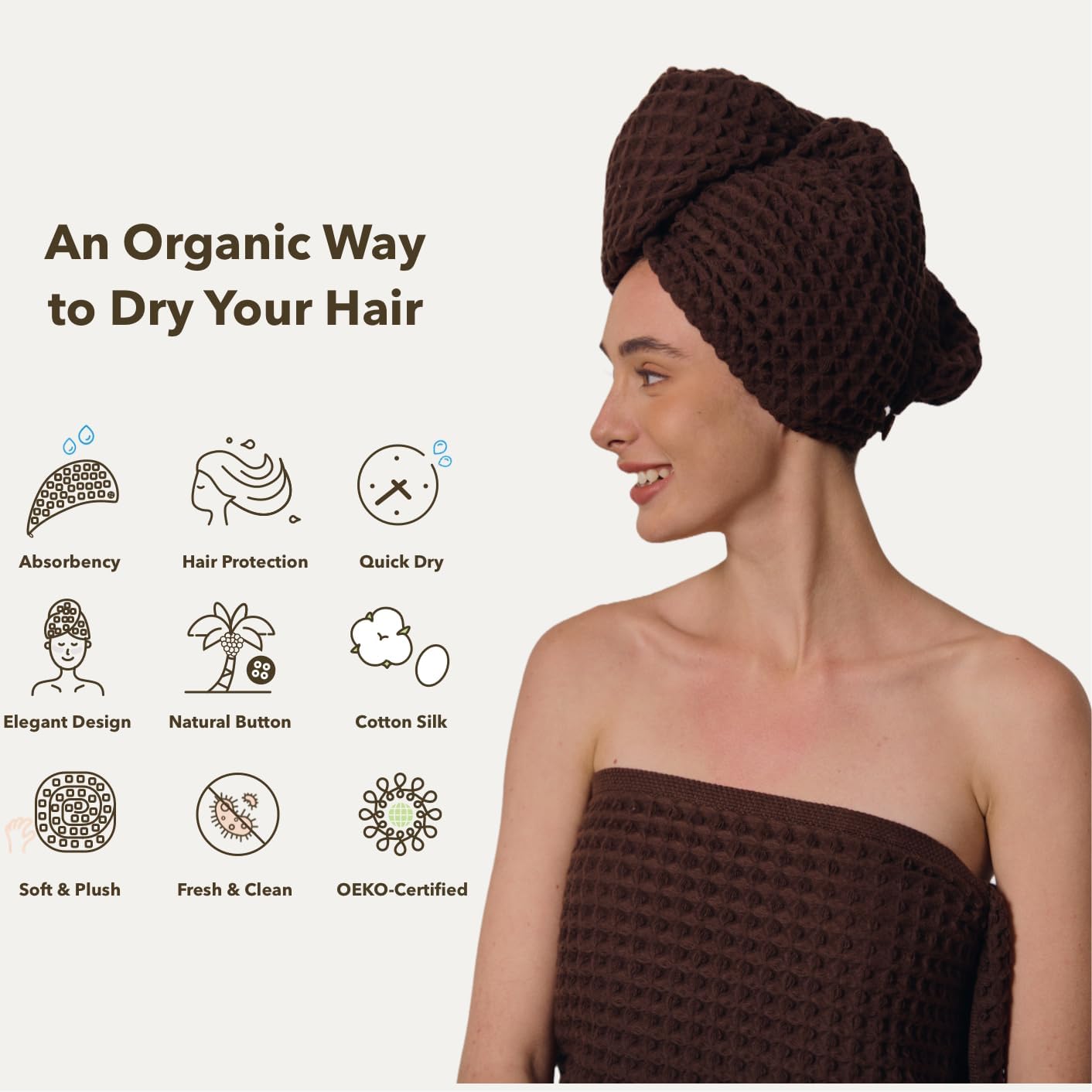 Hair Towel | 100% Cotton Silk Hair-Drying Waffle Wrap Turban for Women, Ultra-Absorbent, Anti Frizz, Hair Damage Protection for Straight and Curly Hair (Dark Cocoa, 1 Pack)