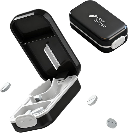 Pill Cutter Splitter for Small or Large Pills with Safety Lock - Accurate and Easy Travel-Friendly Design for Daily Use (Black)