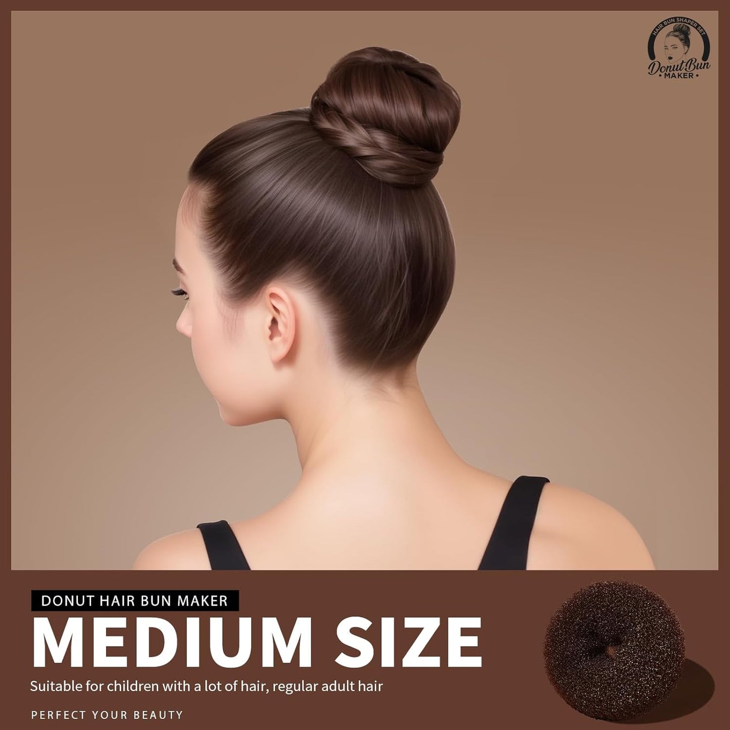 Teenitor Hair Bun Maker for Kids Girls - 4pcs Brown Ballet Buns in 4 Sizes, Hair Donuts
