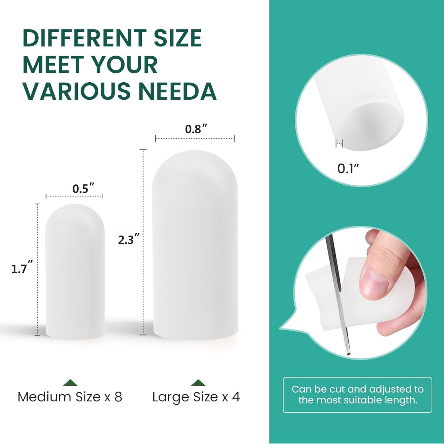 Welnove Gel Toe Cap and Protector - Silicone Toe Covers - Toe Cushions for Pain Relief, Missing or Ingrown Toenails, Corns, Calluses, Blisters (4 Large + 8 Medium, White)