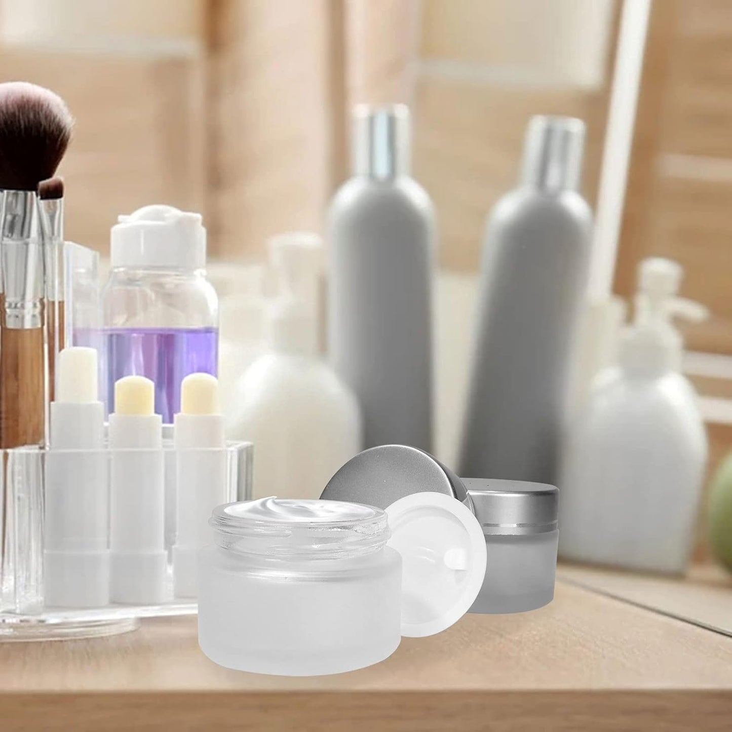 15 Pack, 1 oz 30ml Matte Clear Glass Jars with Silver Lids & Inner Liners, Empty Round Refillable Cosmetic Containers Travel Jars for Cosmetics, Body Butter,Scrubs,Face Cream Lotion,and More