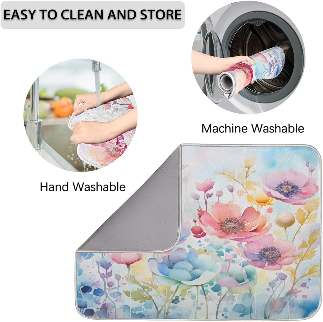 Dish Drying Mat Watercolor Spring Colorful Flowers Large Drying Mat for Kitchen Counter 18x24in Absorbent Dish Drainer Rack Pad, Heat Resistant Coffee Bar Mats Countertop Protector