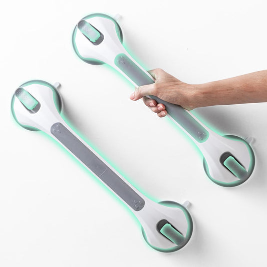 Grab Bars for Bathtubs and Showers 2 Pack Glow in The Dark, 17 inch Suction Grab Bar, Shower Handle Safety Grip Handrail for Seniors and Elderly, Removable Waterproof No Drilling, Grey