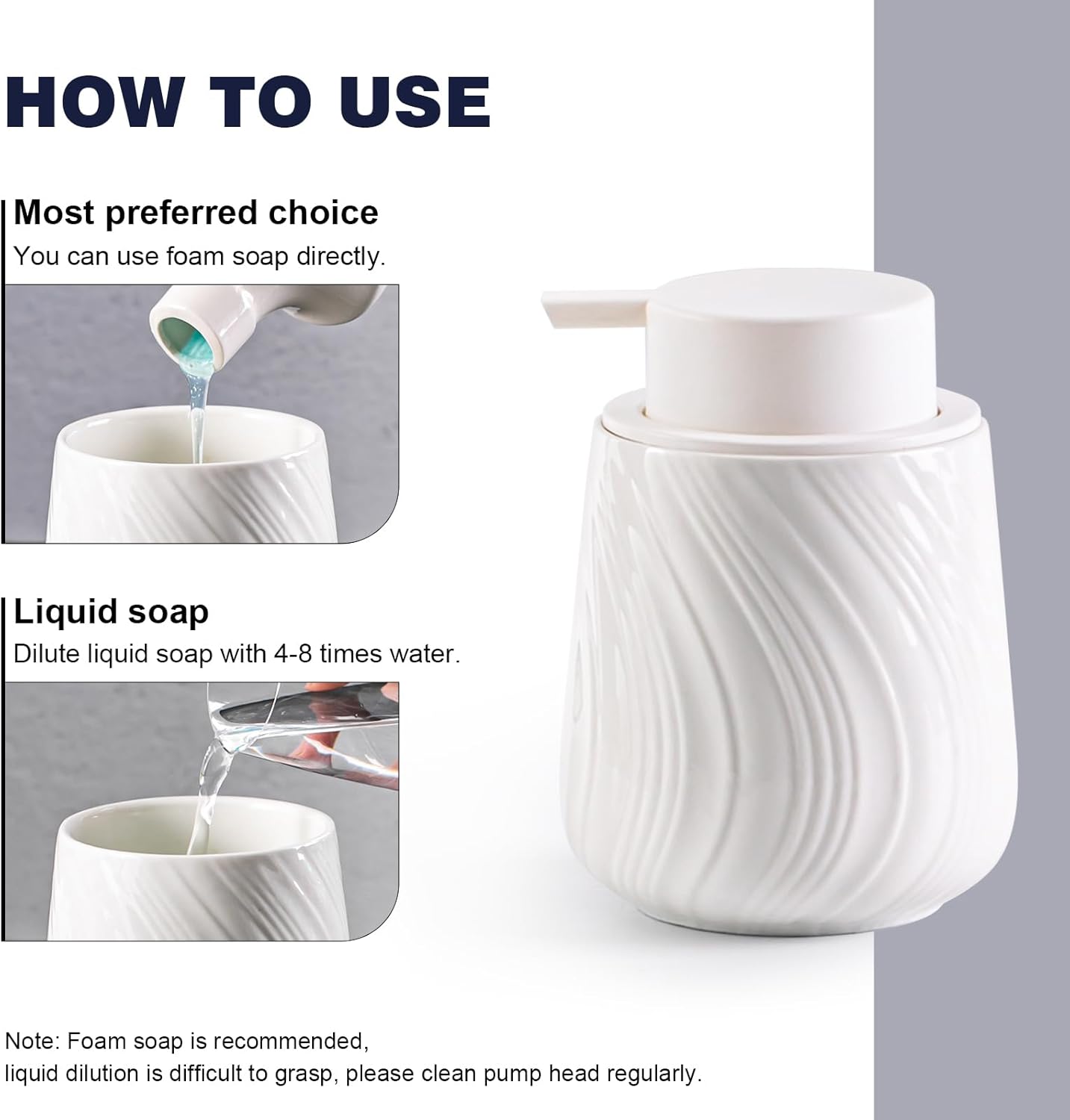 Foam Hand Soap Dispenser - 13.5 oz Ceramic foaming Hand soap Dispenser with Easy-to-Press Pump for Bathroom refillable Liquid Hand soap Dispenser (Foam-White)