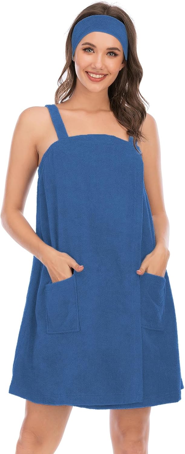 Veseacky Women Bath Wrap Towel for Womens Shower with Pocket Adjustable Spa Robe & Facial Headband